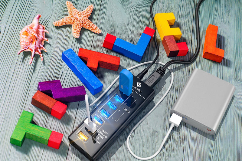 SmartDelux Powered USB Hub - 7-Port USB 3.0 Hub with 4 USB 3.0 Ports, 3 Smart Charging Ports, Power Adapter, Long Cord, LEDs - Black Aluminum 7-port USB Hub