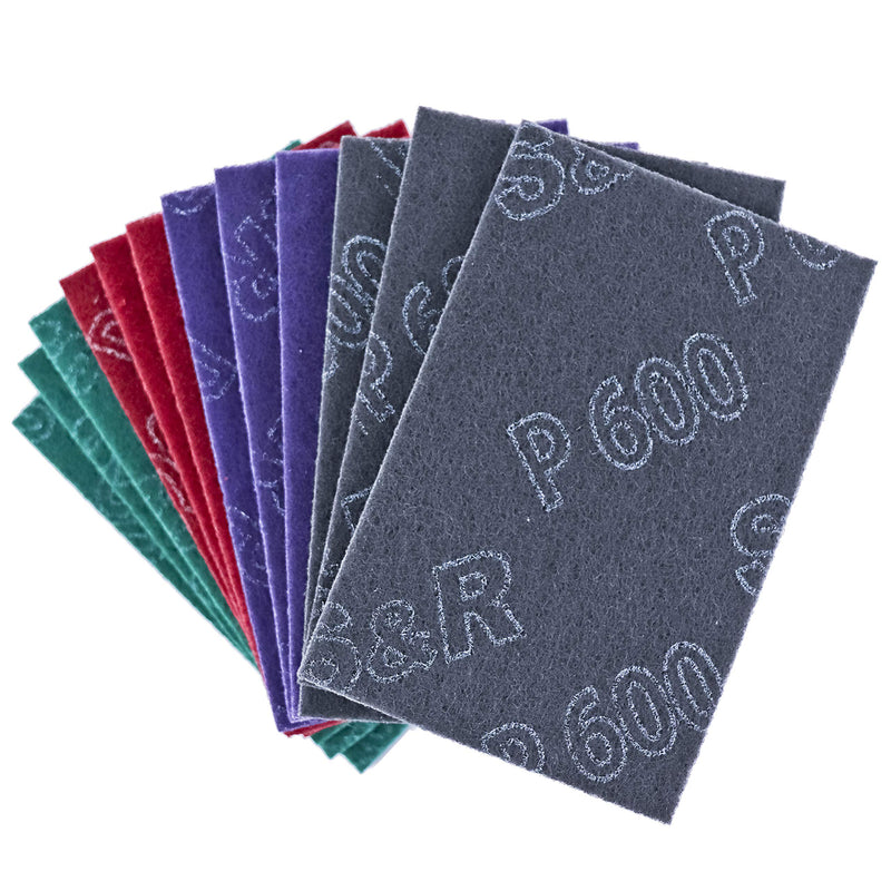 S&R abrasive fleece pads 150 x 230 mm, set of 12 abrasive fleece mats, set of 3 each P180, P320, P600, P800, abrasive fleece for grinding, polishing metal, wood, steel, stainless steel