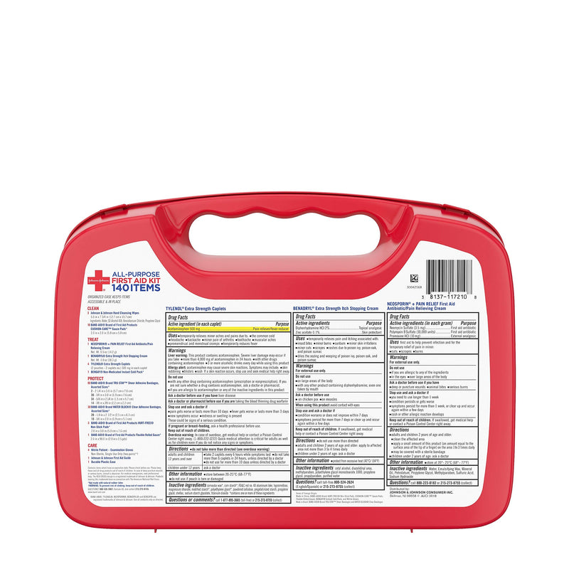 Johnson & Johnson All-Purpose Portable Compact First Aid Kit for Minor Cuts, Scrapes, Sprains & Burns, Ideal for Home, Car, Travel and Outdoor Emergencies, 140 Pieces 140 Piece Set