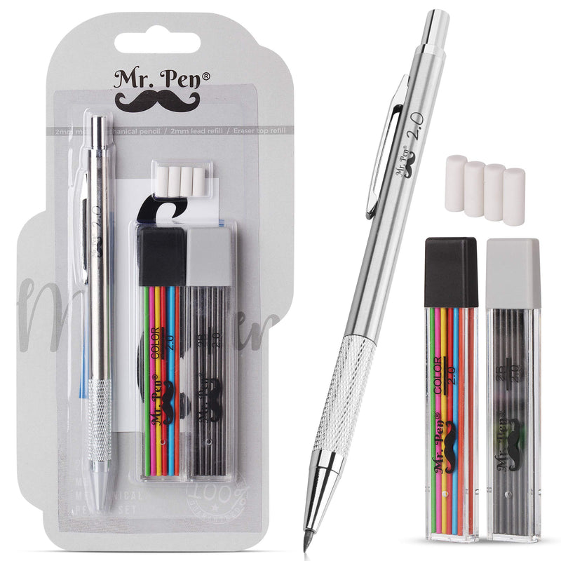 Mr. Pen- Mechanical Pencil 2mm, 1 Metal Mechanical Pencil with 2 Pack of Lead and Eraser, Drafting Pencil, Drawing Pencil, Thick Mechanical Pencil, 2.0mm Pencils, Artist Mechanical Pencils, 2mm Pencil