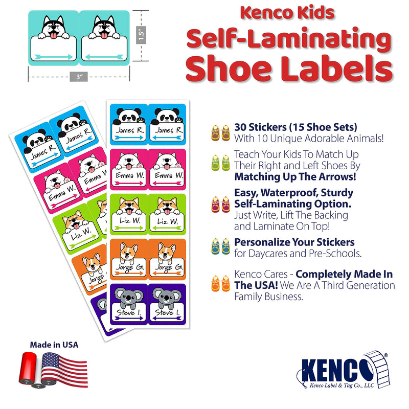 Kenco Kids Shoe Labels - Cute Right Left Animal Stickers for Children Shoes (SELF Laminating 30 Pack) SELF LAMINATING 30 PACK