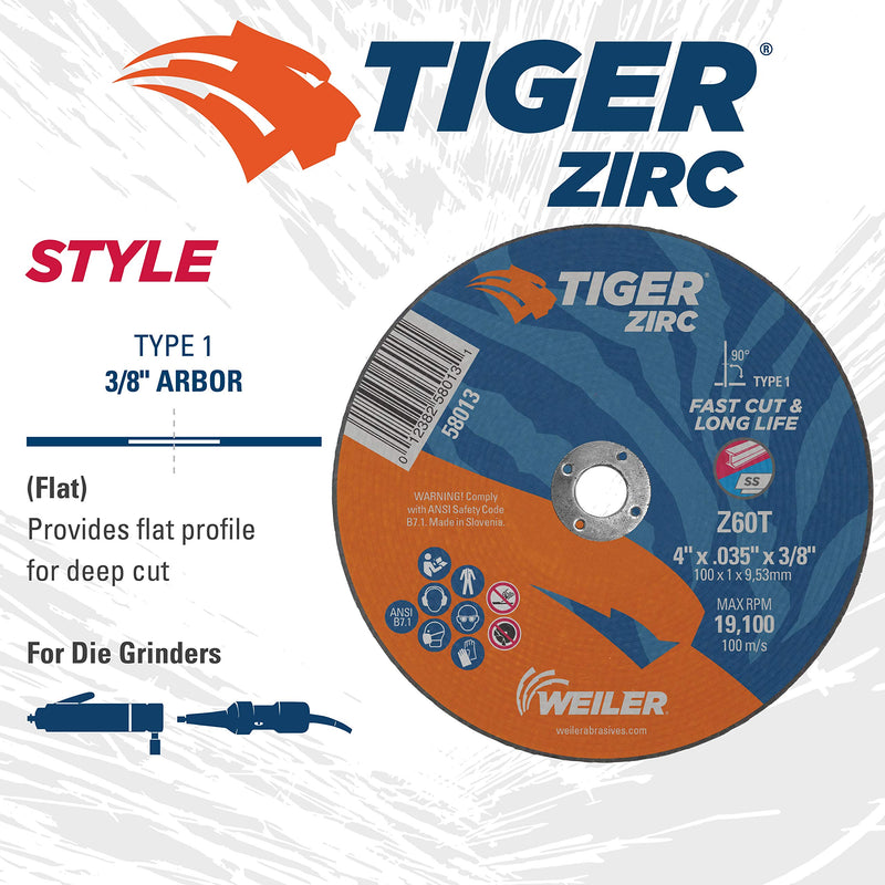 Weiler 58013 4" x .035" Tiger Zirc Type 1 Cutting Wheel, Z60T, 3/8" A.H. (Pack of 25) 4" Dia TYPE 1 3/8" Arbor