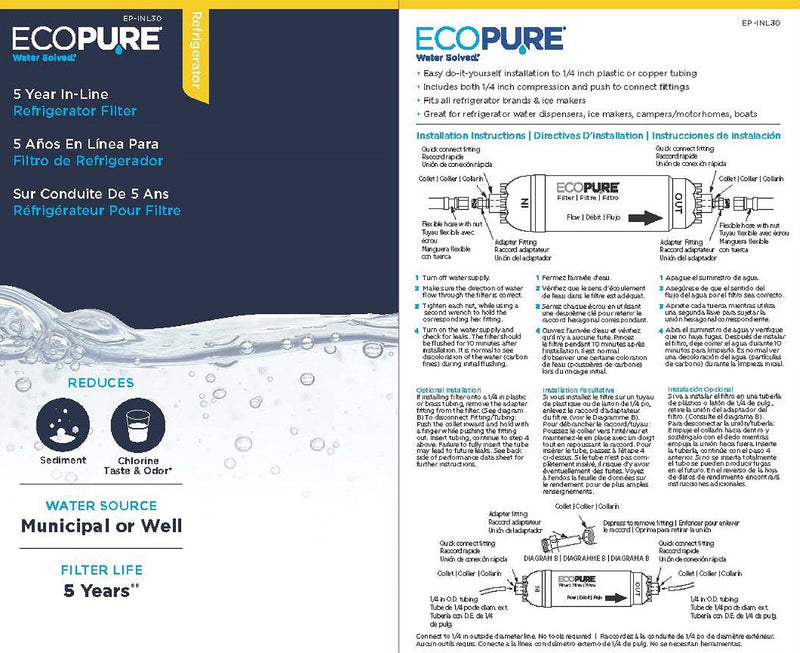 EcoPure EPINL30 5 Year in-Line Refrigerator Filter-Universal Includes Both 1/4" Compression and Push to Connect Fittings
