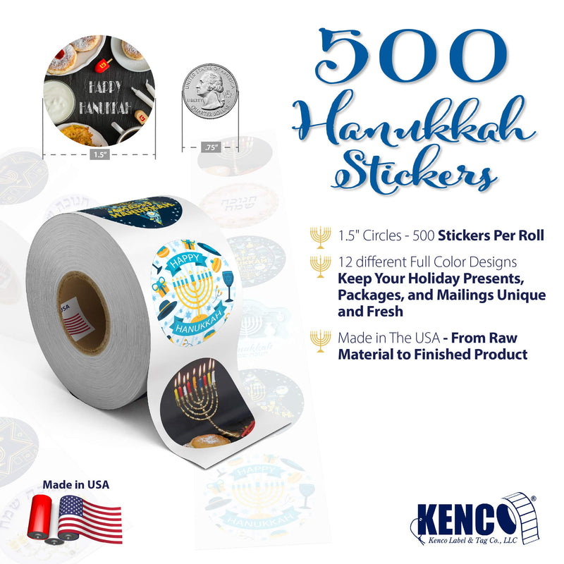 Winter Holiday Christmas Stickers, 1.5" Circle Seals, 500 Labels for Packaging, Presents, and Envelope Mailing. Made in The USA! (Hanukkah, 1 ROLL) HANUKKAH