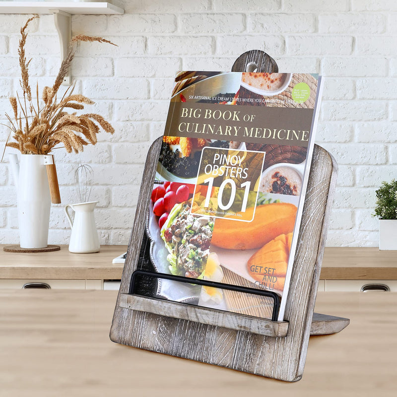 Cookbook Stand, Cutting Board Style Wood Recipe Holder Recipe Book Stand with Adjustable Pull-Out Stand, Rustic Cookbook Holder (Distressed Grey) Distressed Grey