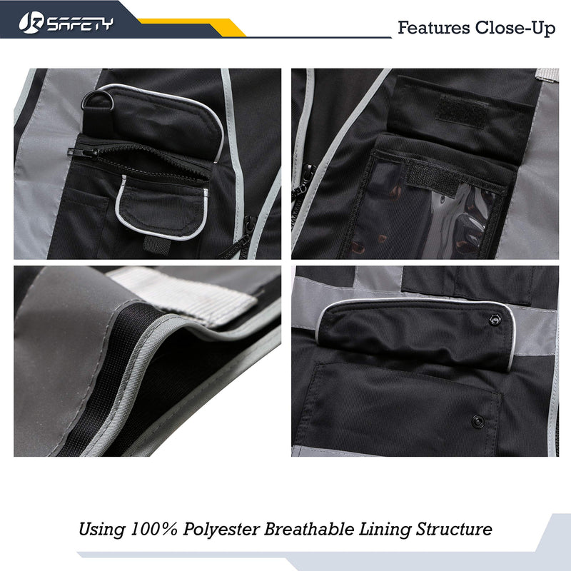 JKSafety 9 Multi-Functional Pockets Zipper Front Safety Vest With Reflective Strips Meet ANSI/ISEA Standards (150-Black, Medium) Black