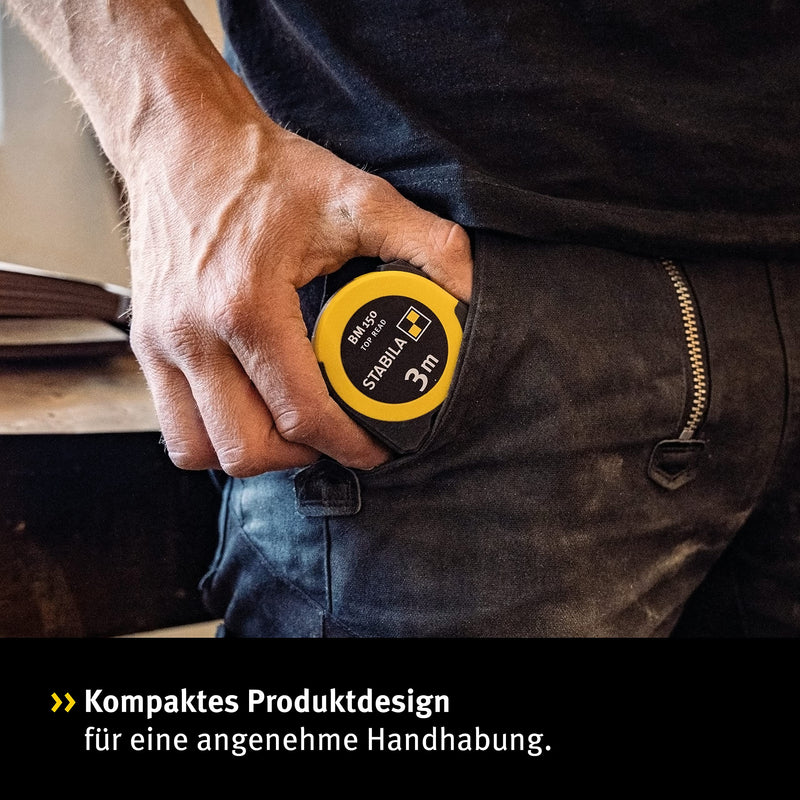 STABILA pocket tape measure BM 150, 3 m, tape measure with metric scale, viewing window for direct reading, break-proof ABS housing, movable starting hook, belt clip, MID accuracy