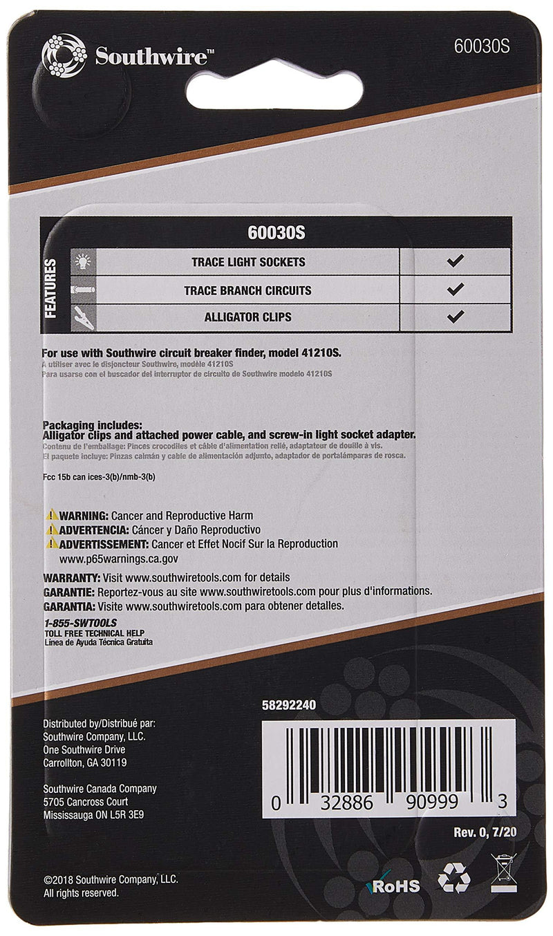 Southwire 58292240 60030S Circuit Breaker Finder Adapter/Accessory Kit; Includes Alligator Clips and Light Bulb Circuit Adapter (Compatible with Southwire's 41210S Circuit Breaker Finder) Original version