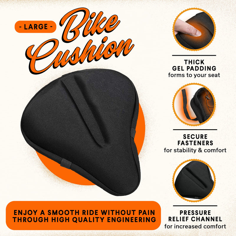 Bikeroo Bike Seat Cushion - Padded Gel Wide Adjustable Cover for Men & Womens Comfort, Compatible with Peloton, Stationary Exercise or Cruiser Bicycle Seats, 11in X 10in Black