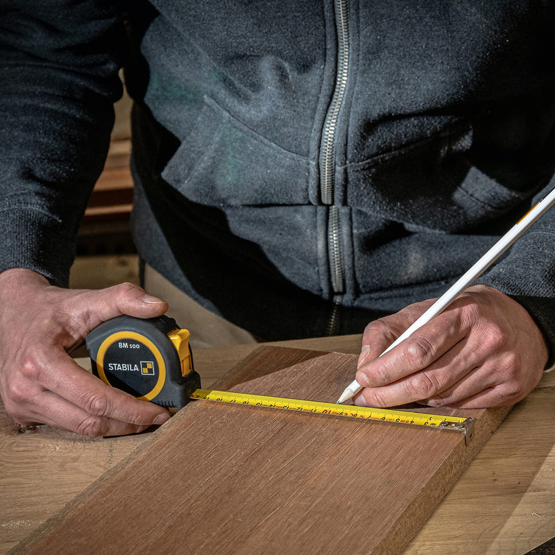 STABILA pocket tape measure BM 100, 5 m, tape measure with metric scale, shatterproof ABS housing, movable starting hook, belt clip, MID accuracy
