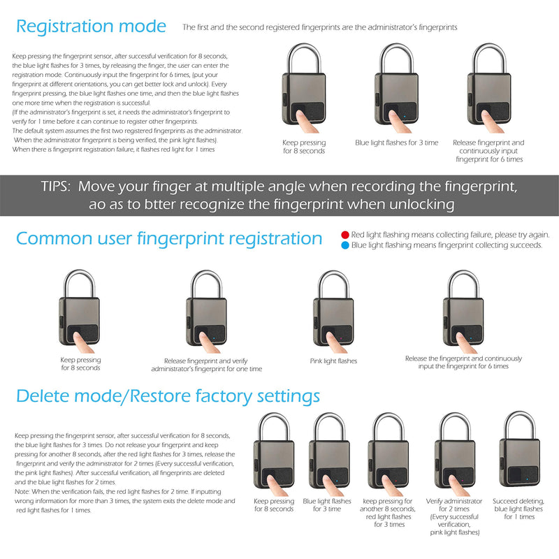 Fingerprint Padlock, Smart Padlock with USB Charging Support, Fingerprint Lock, Biometric Lock Suitable for Luggage, Bookcase, Suitcase, Backpack, Bike, School Locker, Gym Locker Lock(Gray) Gray