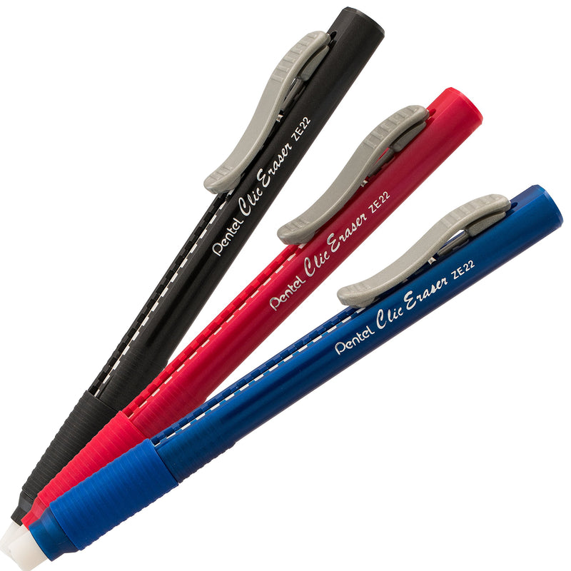 Pentel Clic Retractable Eraser with Grip, 3 Pack Black/Red/Blue Unit ZE21BP3M