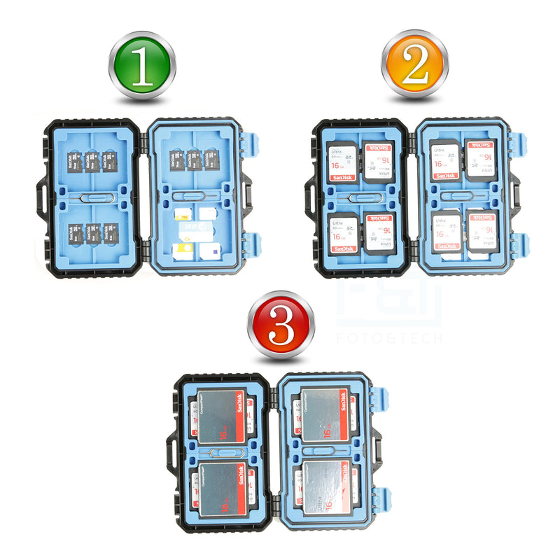 Foto&Tech 28-Slot High Capacity SD Memory Card Case, Shockproof SD CF SDHC SDXC Micro SD Storage Box for 8 SD 4 CF 9 TF, Waterproof Card Holder Micro SD 2 Pin Key 1 SIM 2 Micro-SIM 2 Nano-SIM