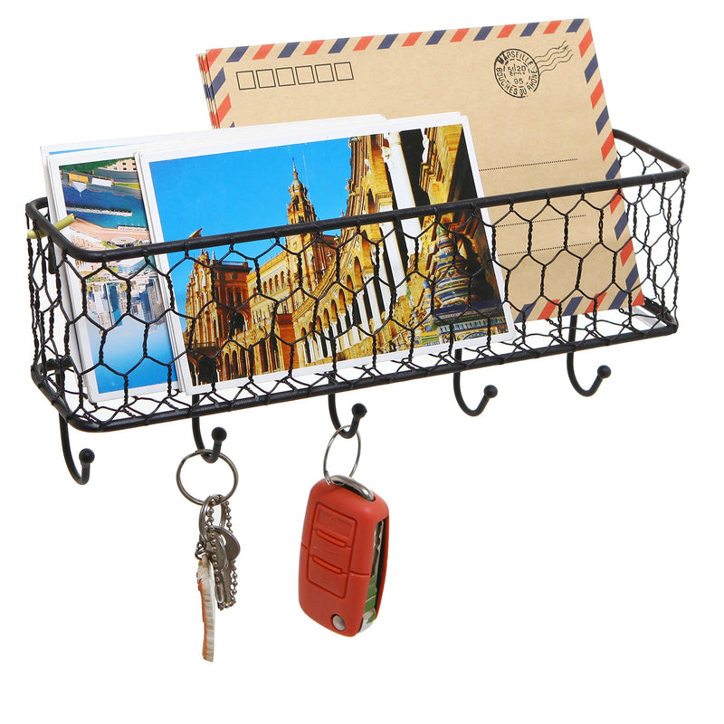 Modern Black Metal Wall Mounted Key and Mail Sorter Storage Rack w/Chicken Wire Mesh Basket