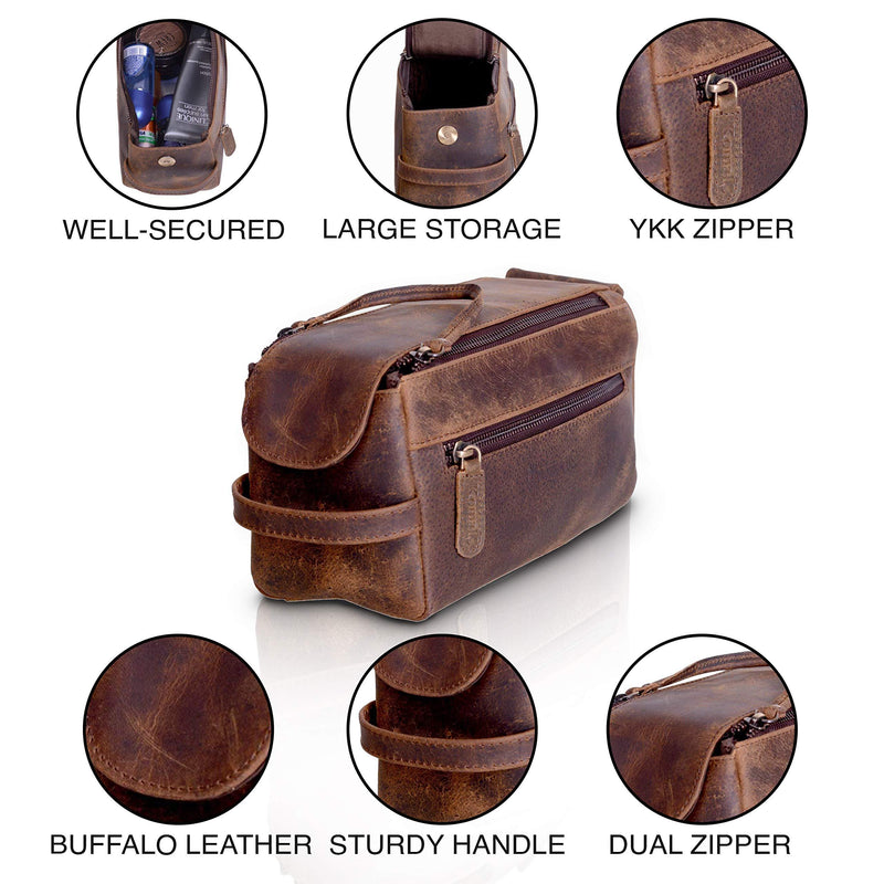 KOMALC Premium Buffalo Leather Unisex Toiletry Bag Travel Dopp Kit Distressed Tan