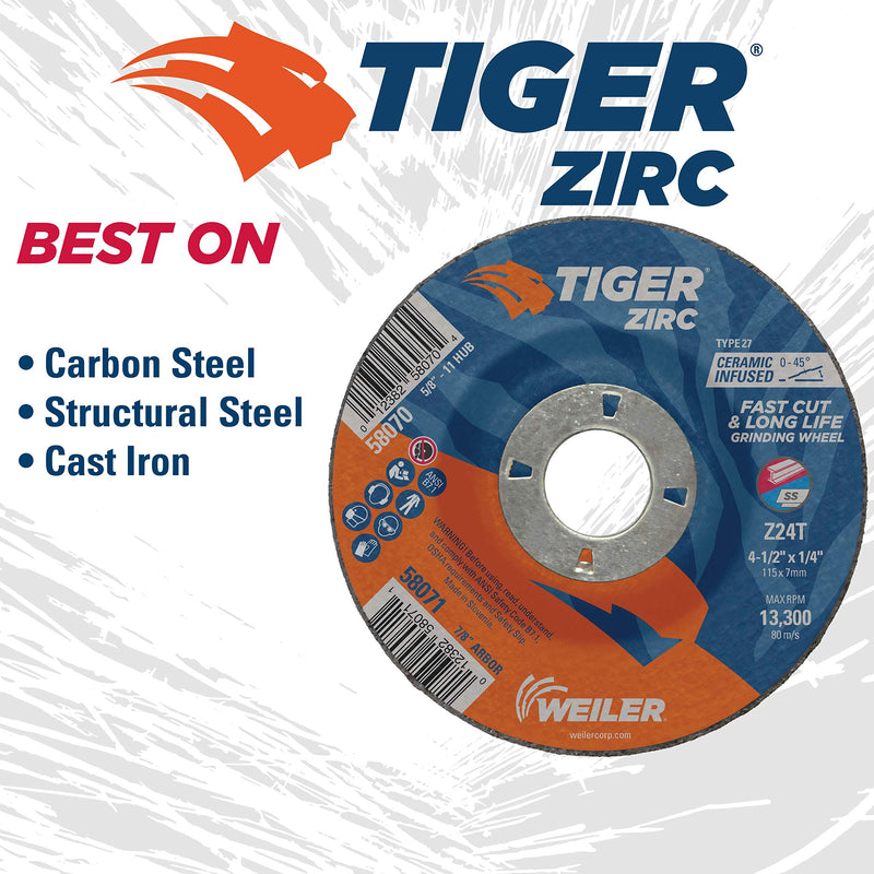 Weiler 58071 4-1/2" x 1/4" Tiger Zirc Type 27 Grinding Wheel, Z24T, 7/8" A.H. (Pack of 10) 4 1/2" Dia TYPE 27 7/8" Arbor