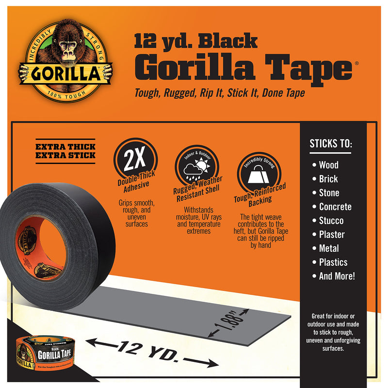 Gorilla Black Duct Tape, 1.88" x 12 yd, Black, (Pack of 2) 2 Pack