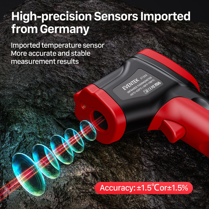 Infrared thermometer, Eventek IR laser thermometer, non-contact -50°C-420°C (-58°F - 788°F), digital temperature gun, non-medical, not for the human body, to measure the temperature red--50 °C~420°C (-58℉~788℉)