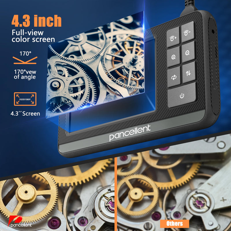 Industrial HD digital endoscope, Pancellent 4.3 inch IPS endoscope inspection camera with hand-held, waterproof IP67 snake channel with 8 LED lights, 5M semi-rigid cable