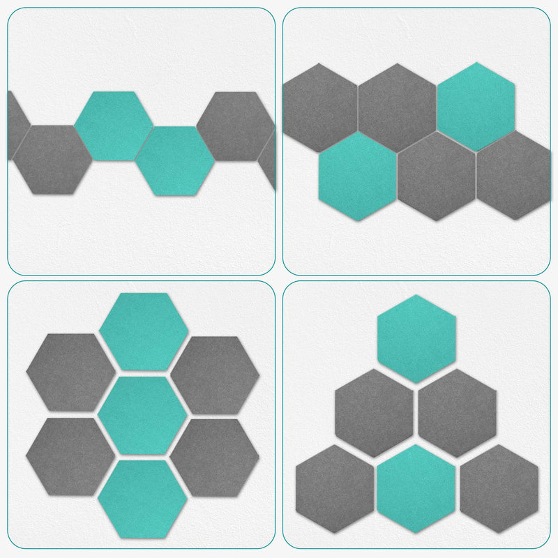 Navaris Hexagon Felt Board Tiles - Set of 12 Notice Memo Bulletin Boards with Push Pins and Double-Sided Tape 5.9" x 6.7" - Dark Gray, Turquoise Dark Grey, Turquoise