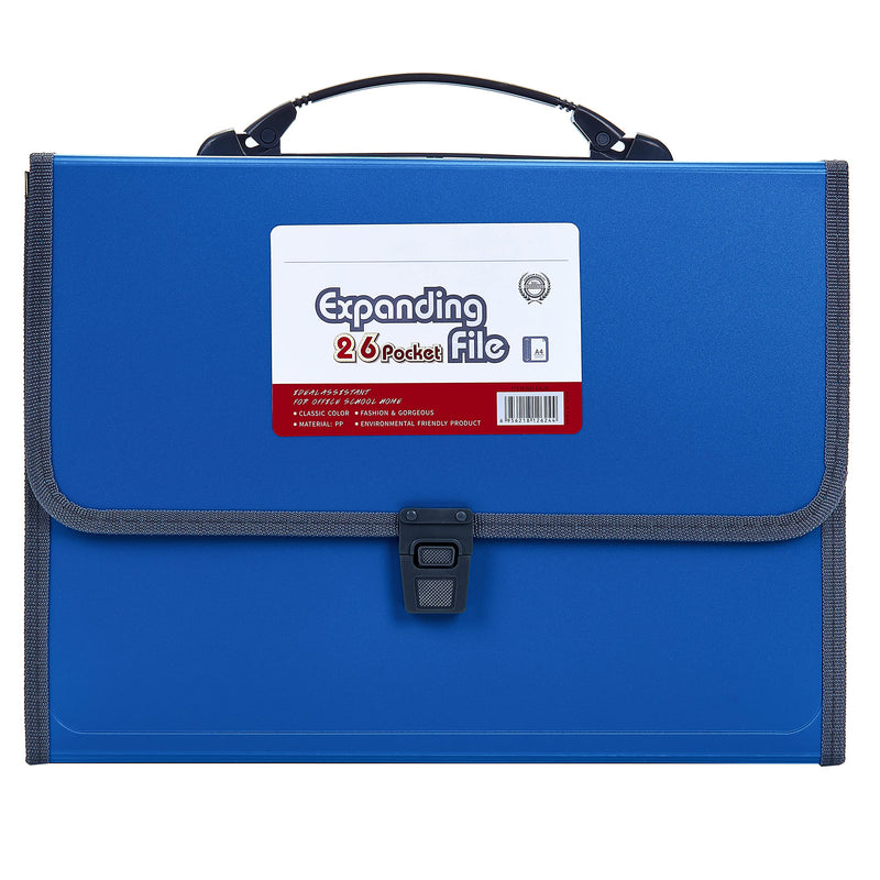 FANWU 26 Pockets Expanding File Accordion Folder with Handle - Letter A4 Paper Size - Expandable Large Plastic File Folder Wallet Monthly Portable Document Organizer with Flap & Buckle (Blue) Blue