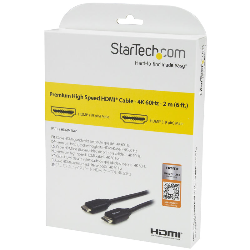 StarTech.com 6ft (2m) Premium Certified HDMI 2.0 Cable with Ethernet - High Speed Ultra HD 4K 60Hz HDMI Cable HDR10 - HDMI Cord (Male/Male Connectors) - For UHD Monitors, TVs, Displays (HDMM2MP) 6 ft/2m