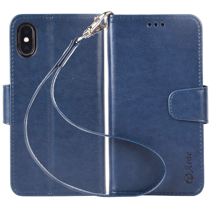 Arae Case for iPhone X/Xs, Premium PU Leather Wallet Case [Wrist Straps] Flip Folio [Kickstand Feature] with ID&Credit Card Pockets for iPhone X (2017) / Xs (2018) 5.8 inch (not for Xr) - Blue