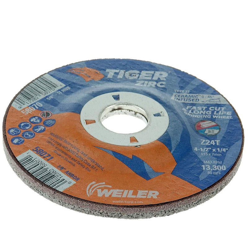 Weiler 58071 4-1/2" x 1/4" Tiger Zirc Type 27 Grinding Wheel, Z24T, 7/8" A.H. (Pack of 10) 4 1/2" Dia TYPE 27 7/8" Arbor