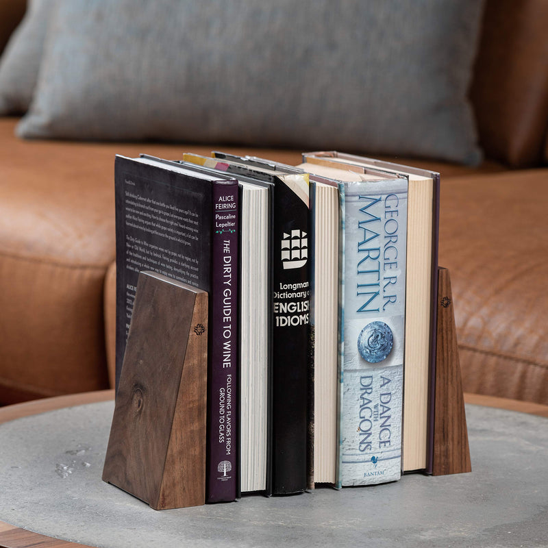 TILISMA Handmade Wooden Book Ends - Decorative Bookends for Shelves - Sturdy Book Holders for Heavy Books - Walnut Tree