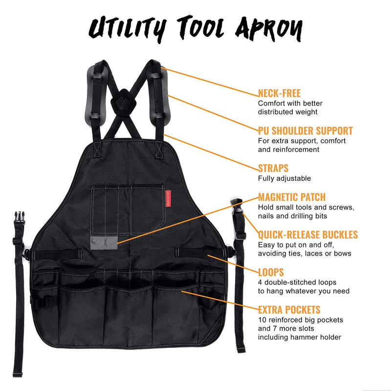 Under NY Sky Tool Apron – Magnetic Tool Holder – Heavy Duty Black Oxford Canvas – CrossBack – 18 Pockets – Adjustable for Men, Women – Pro Mechanic, Woodworker, Carpenter, Electrician, Gardener Apron