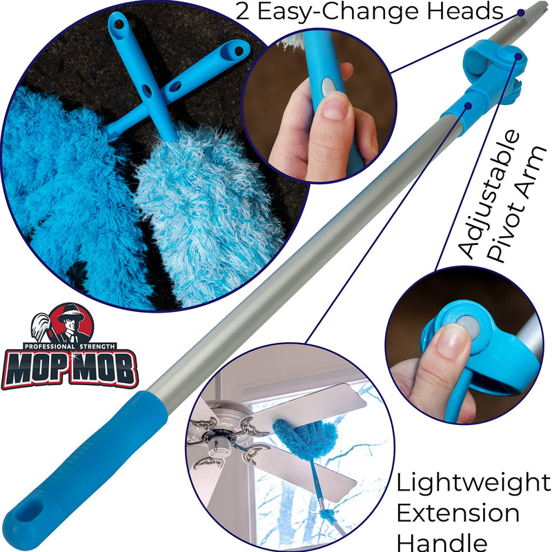 Extendable Washable Microfiber Duster and Blind Cleaner w/ Pivoting Head and Extension Pole. Telescopic Arm and Flexible Heads for Easy Ceiling and Cobweb Dusting. Detachable Dusters = Quick Cleaning