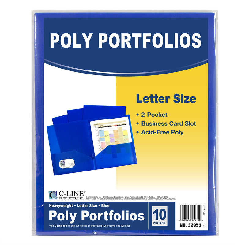 C-Line Two-Pocket Heavyweight Poly Portfolio, for Letter Size Papers, Includes Business Card Slot, Blue, 10 Pack (32955)