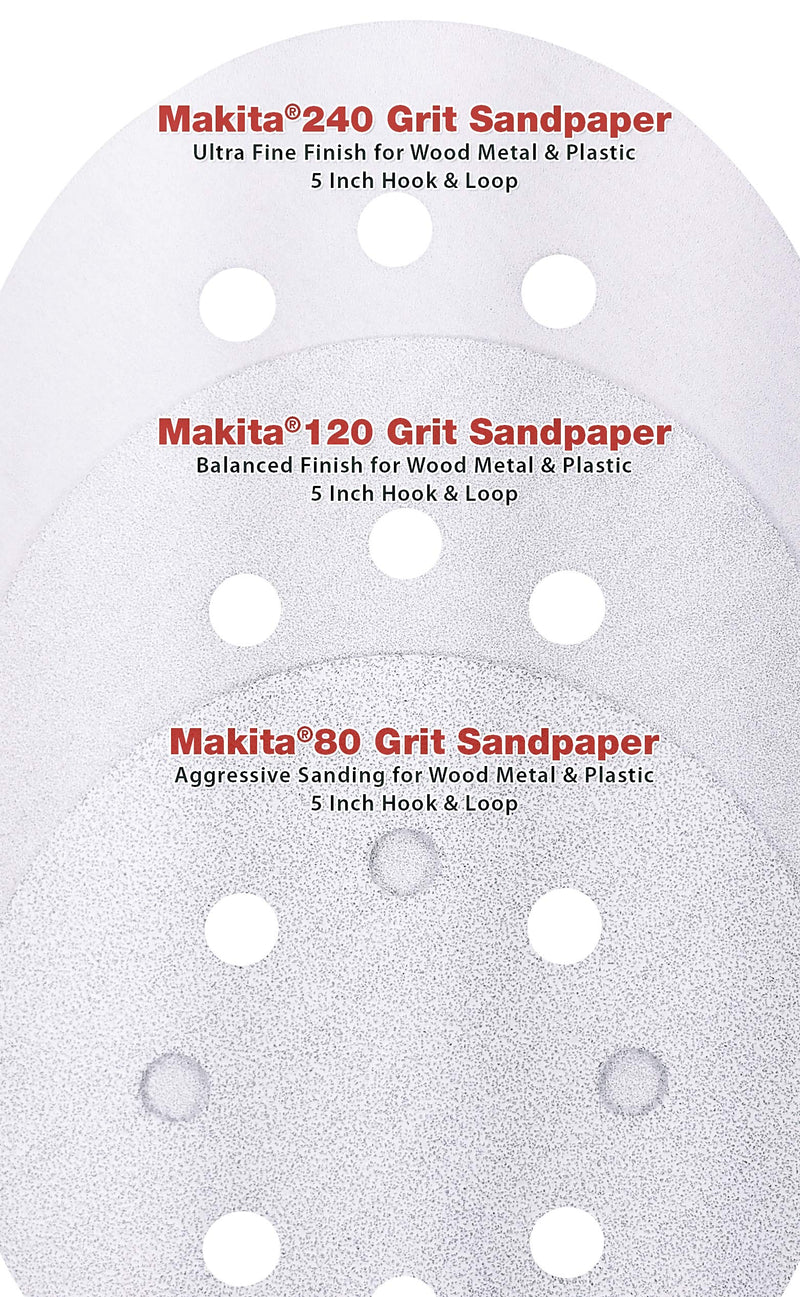 Makita 30 Piece - Multi Grit Sanding Disc Set For 5" Random Orbit Sanders - For Wood, Metal & Plastic - 80, 120 & 240 Grit | 8 Hole Hook-And-Loop Sandpaper 30 Piece | Multi-Grit Sanding Disc Set