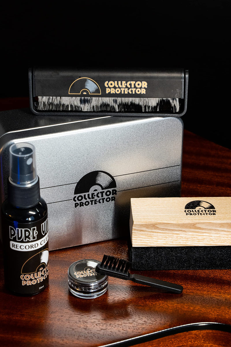 Vinyl Record Cleaning Kit - The Complete Set - Includes Soft Velvet & Carbon Fiber Record Brushes, LP Cleaner Solution, Turntable Stylus Gel, Microfiber Cloth, Label Protector & Metal Storage Case