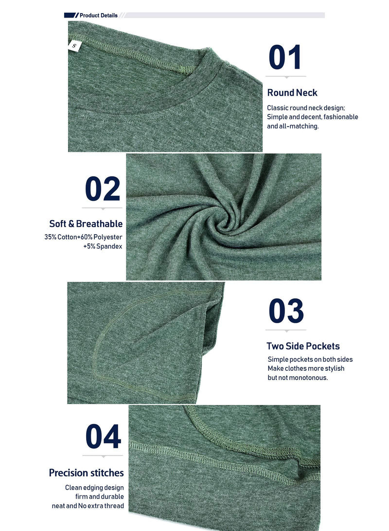 PLOKNRD Women Casual Round Neck Long Sleeve Fit Tunic Top Baggy Comfy Blouse with Pockets Small L Army Green