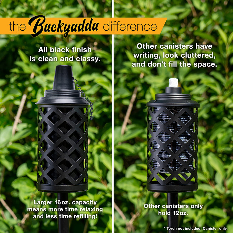Backyadda Torch Replacement Canisters (16 oz). Compatible with Most Tiki Brands (Bamboo and Most Metal Styles). Easy Fill Opening. 4-Pack (with Snuffer Caps) With Snuffer Cap