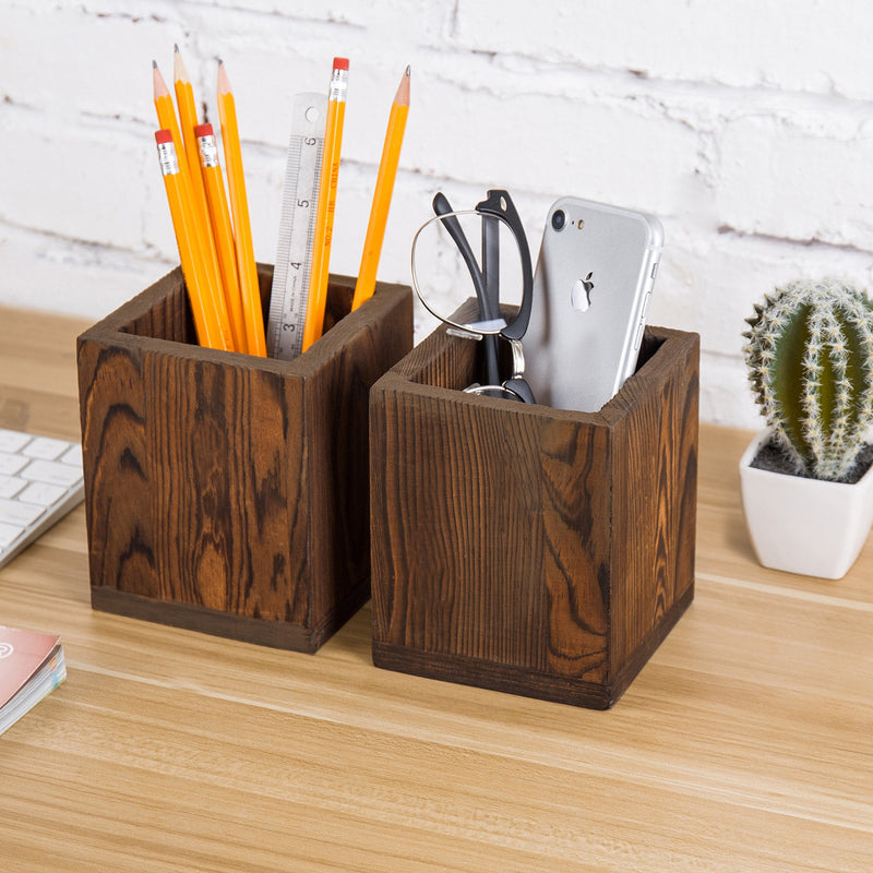 MyGift Dark Brown Natural Wood Pen & Pencil Holder Cups, Desktop Office Organizer, Small Storage Caddy Box Set of 2