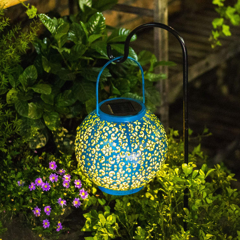 Solar Big Lantern Hanging Garden Outdoor Lights Metal Waterproof LED Table Lamp Decorative Blue