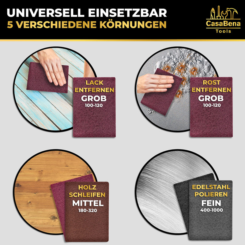 Sanding fleece for sanding wood - Made in Germany - Set of 6: 5 sanding pads with 5 grain sizes 100-1000 + 1 cleaning fleece without grain - 150x210mm - Sanding fleece for wood, metal, stainless steel and much more. Mix set