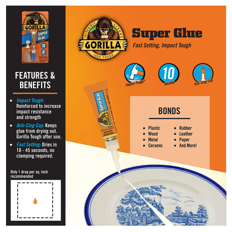 Gorilla Super Glue, Two 3 Gram Tubes, Clear, (Pack of 10)