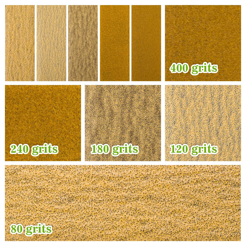 Abeillo 50 pieces sandpaper with sanding block set, sanding sheets wet dry grit 80/120/180/240/400 sandpepier sheet for wood crafts, 9 x 3 mm hand sanding block for sanding and polishing