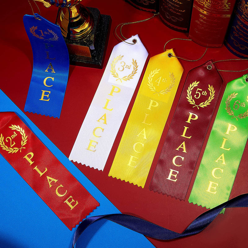 90 Swimming Gymnastics Track Award Ribbon Award Ribbons 1st to 6th Place Flat Carded Set First Place Prizes with Card and Rope Award Ribbon Organizer Contest Award Ribbons for Competition, 6 Color