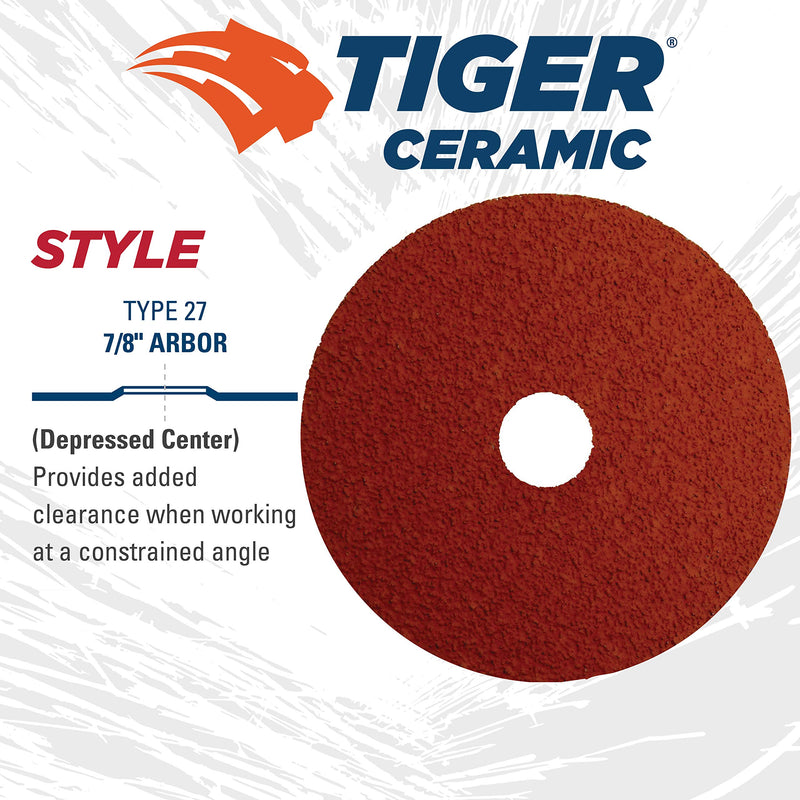 Weiler 69852 Tiger Ceramic Alumina Resin Fiber Sanding & Grinding Disc, 4-1/2" Diameter, 50 Grit, 7/8" Arbor Hole (Pack of 25)