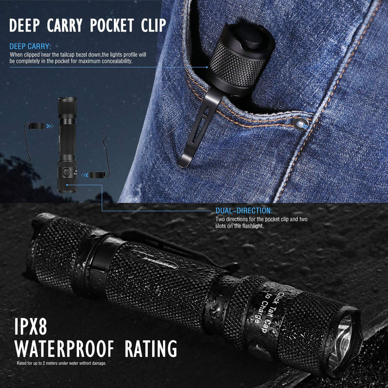 PowerTac M5 Tactical Flashlight, 1300 Lumens LED Flashlight, CREE XM-L2 U3 Flashlights High Lumens, Rechargeable Flashlight with USB Magnetic Charging Cable & 18650 Battery (Holster included)