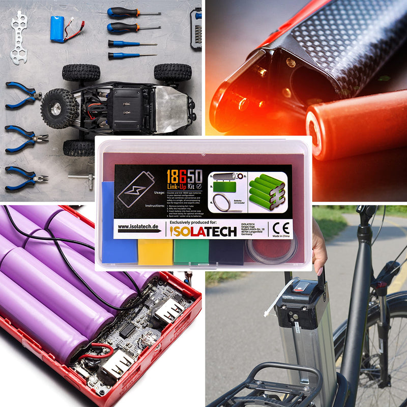 ISOLATECH PVC heat shrink tube 2:1 150 pieces 18650 battery DIY set and 150 pieces positive pole self-adhesive insulating rings and 5 m Hilumin tape nickel coated for accessories capacitor cable repair