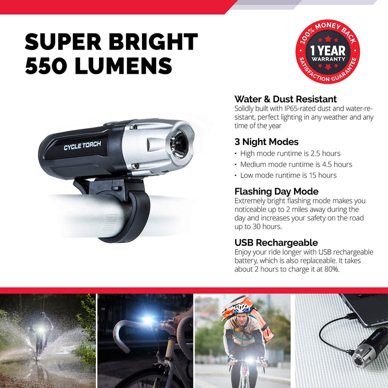 Cycle Torch Shark 550R USB Rechargeable Bike Light Set, Free USB Tail Light Included, Easy On Easy Off, Compatible with Mountain, Kids, Street and Road Bicycles Silver-Grey