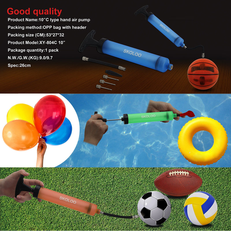 Skoloo 10" Portable Hand Air Ball Pump Inflator Kit with Needle, Nozzle, Extension Hose for Soccer Basketball Football Volleyball Water Polo Rugby Exercise Sports Ball Balloon Swim Inflatables Blue