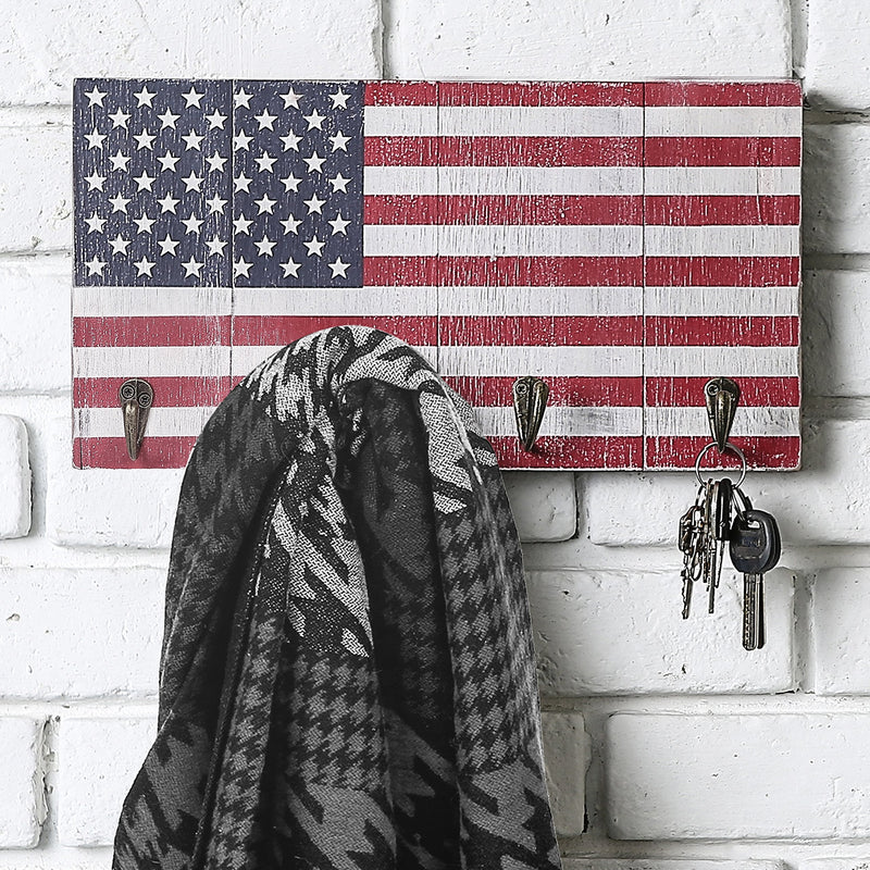 MyGift 4-Hook Key Rack American Flag Design Wood Wall Mounted Entryway Hooks