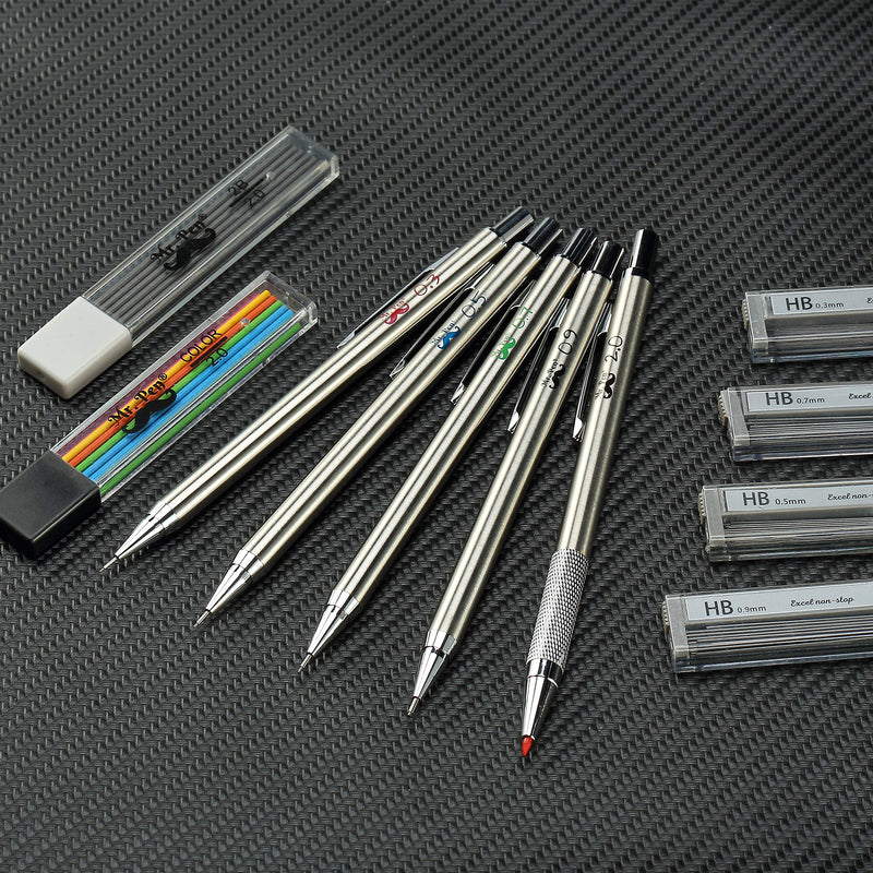 Mr. Pen- Metal Mechanical Pencil Set with Lead and Eraser Refills, 5 Sizes, 0.3, 0.5, 0.7, 0.9, 2mm, Drafting, Sketching, Architecture, Drawing Mechanical Pencils, Metal Mechanical Pencils