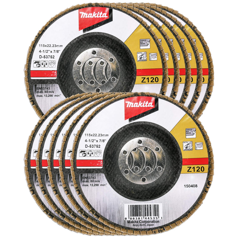 Makita 10 Pack - 120 Grit Flap Disc For Grinders - Fine Conditioning For Metal, Stainless Steel & Non-Ferrous - 4-1/2" x 7/8-Inch | Z120 Angled 10 Pack | Ultra Fine Finish